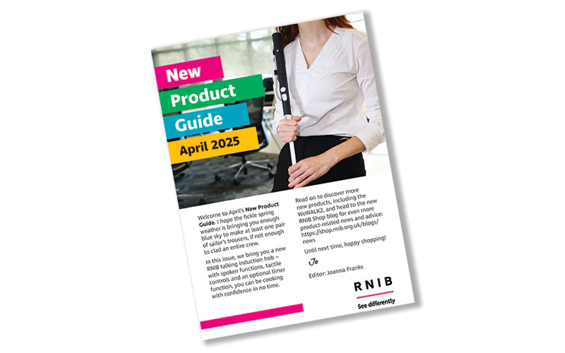 Cover of April 2025's New Product Guide featuring an image of the WeWalk2 cane held by a white woman in office apparel