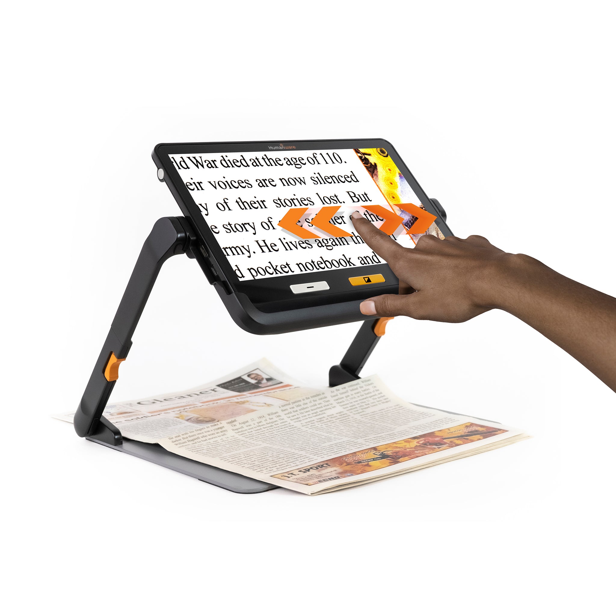Someone swiping on the touchscreen to move the magnified image of a newspaper. Graphic arrows have been added to show the movement.