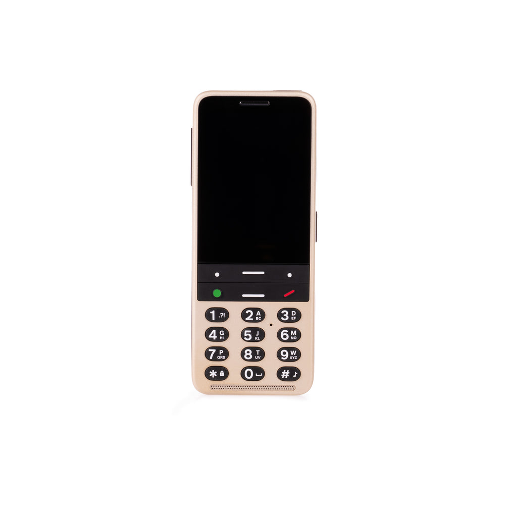 Image shows front of golden sand phone on a white background