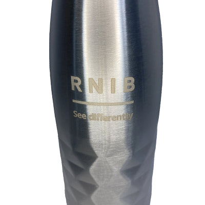 Close up of RNIB logo on water bottle